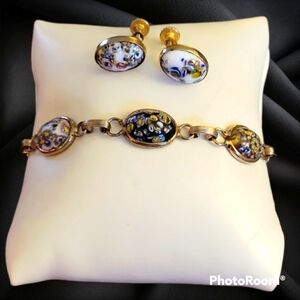 WEISS Antique Venetian Glass Cabochon Chain Bracelet Screw-on Earrings Set